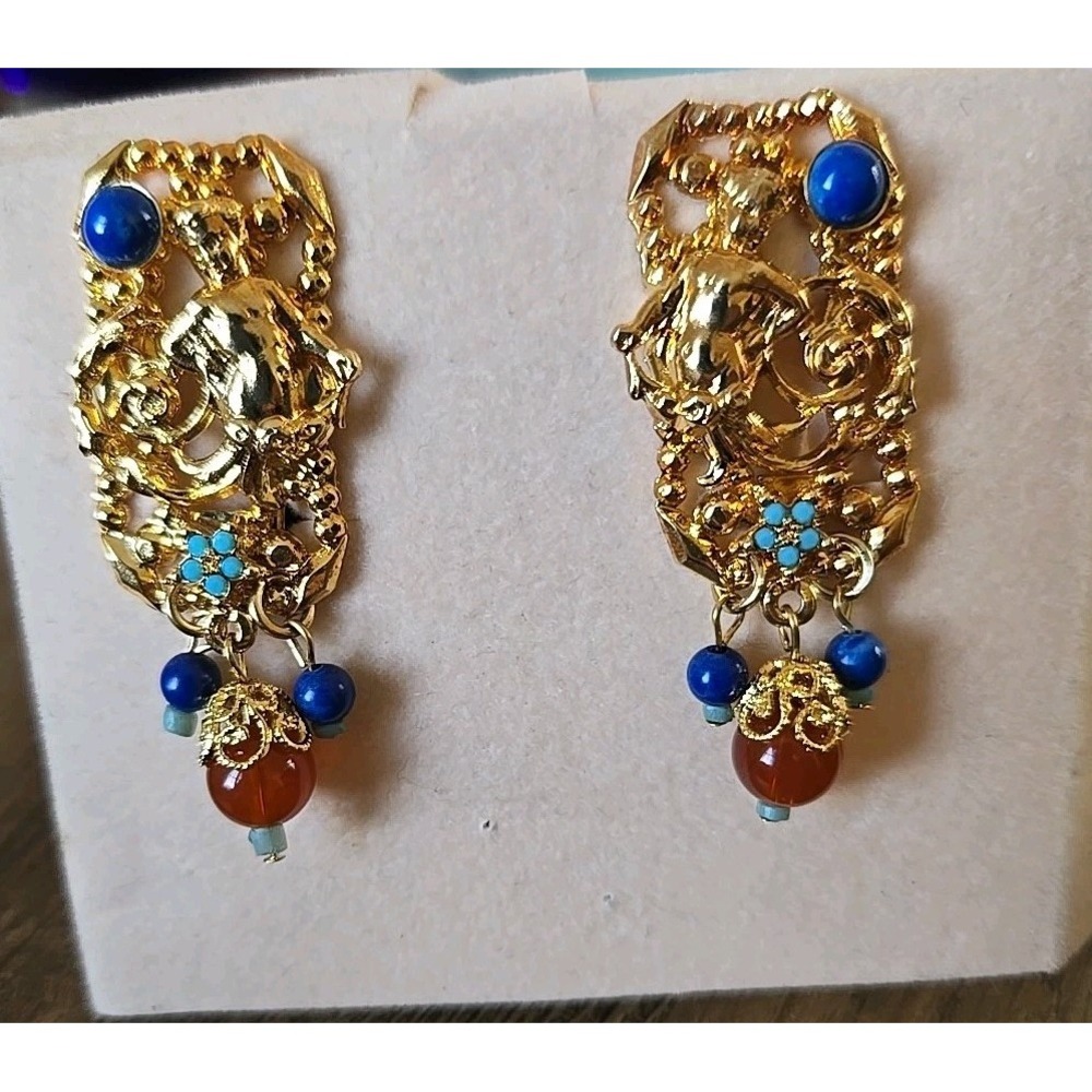 VTG Rare Kirks Folly Gold Toned Cherub W/Stones Dangles Clip On Earrings NWOT